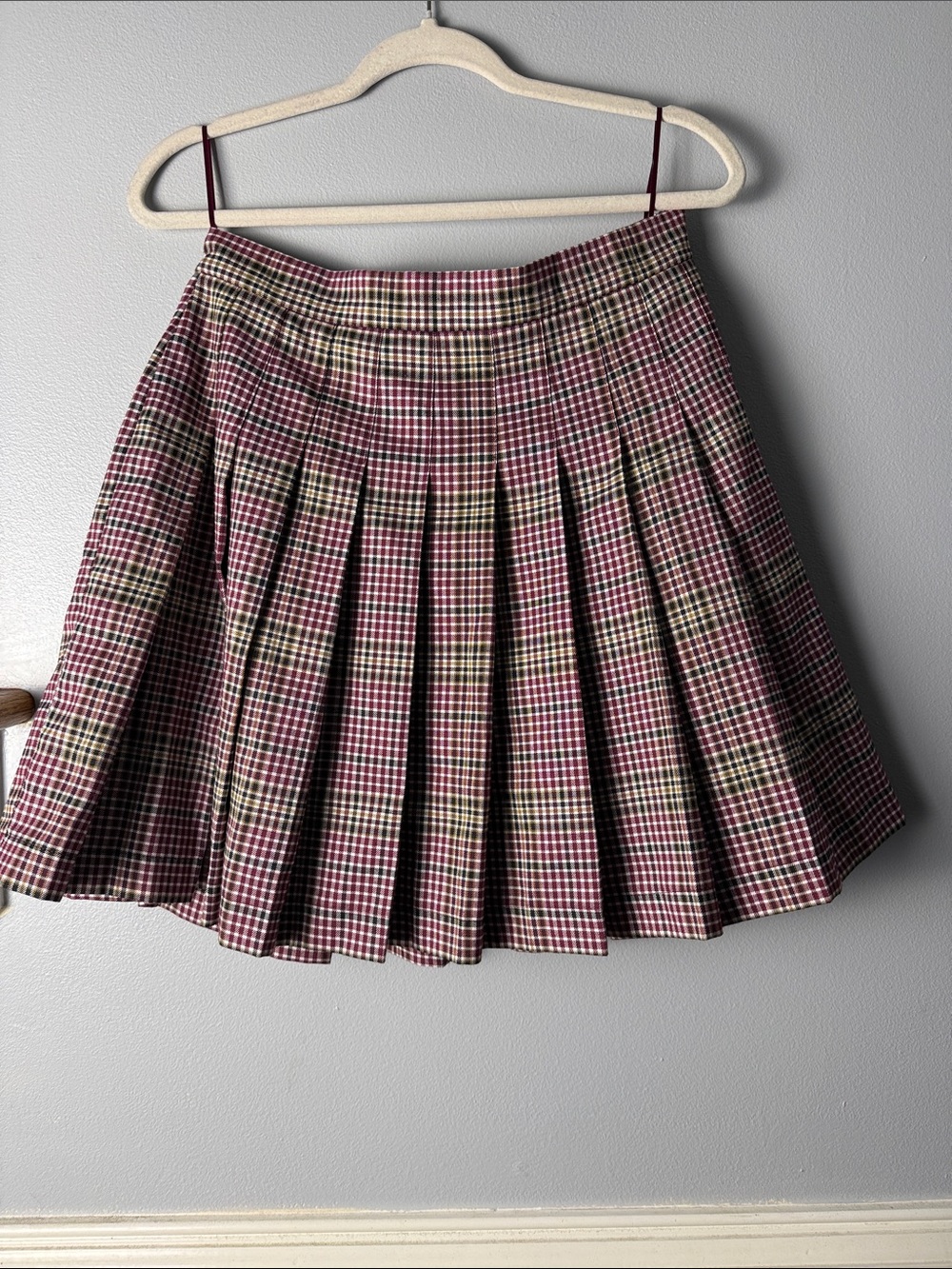Pleated Plaid Skater Mini Skirt in Burgundy